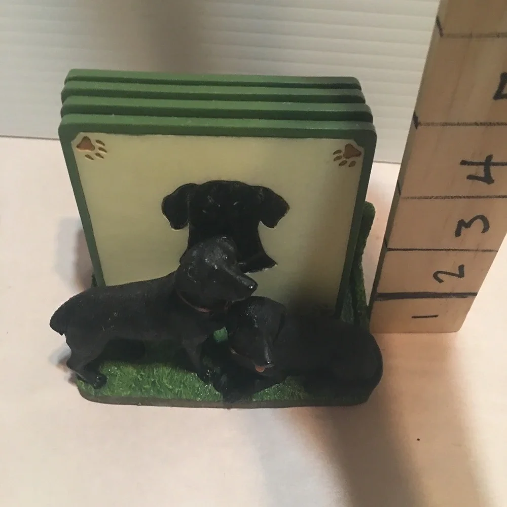 Black Lab Dogs Four Coaster Set with Holder Handpainted 3D Resin Read Descript